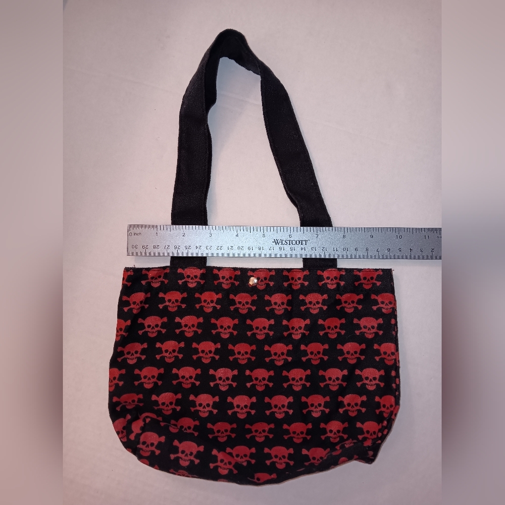 Skull Pattern Red Black Small Bag Tiny Tote Goth Punk Scene - Picture 3 of 6